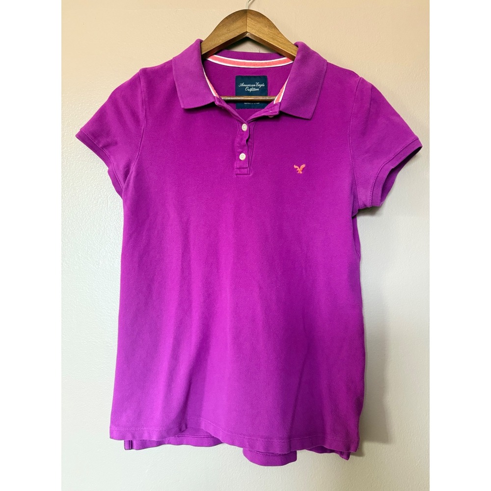 American Eagle Purple Polo Shirt Large Women Short Sleeve Cotton Pique Logo Top